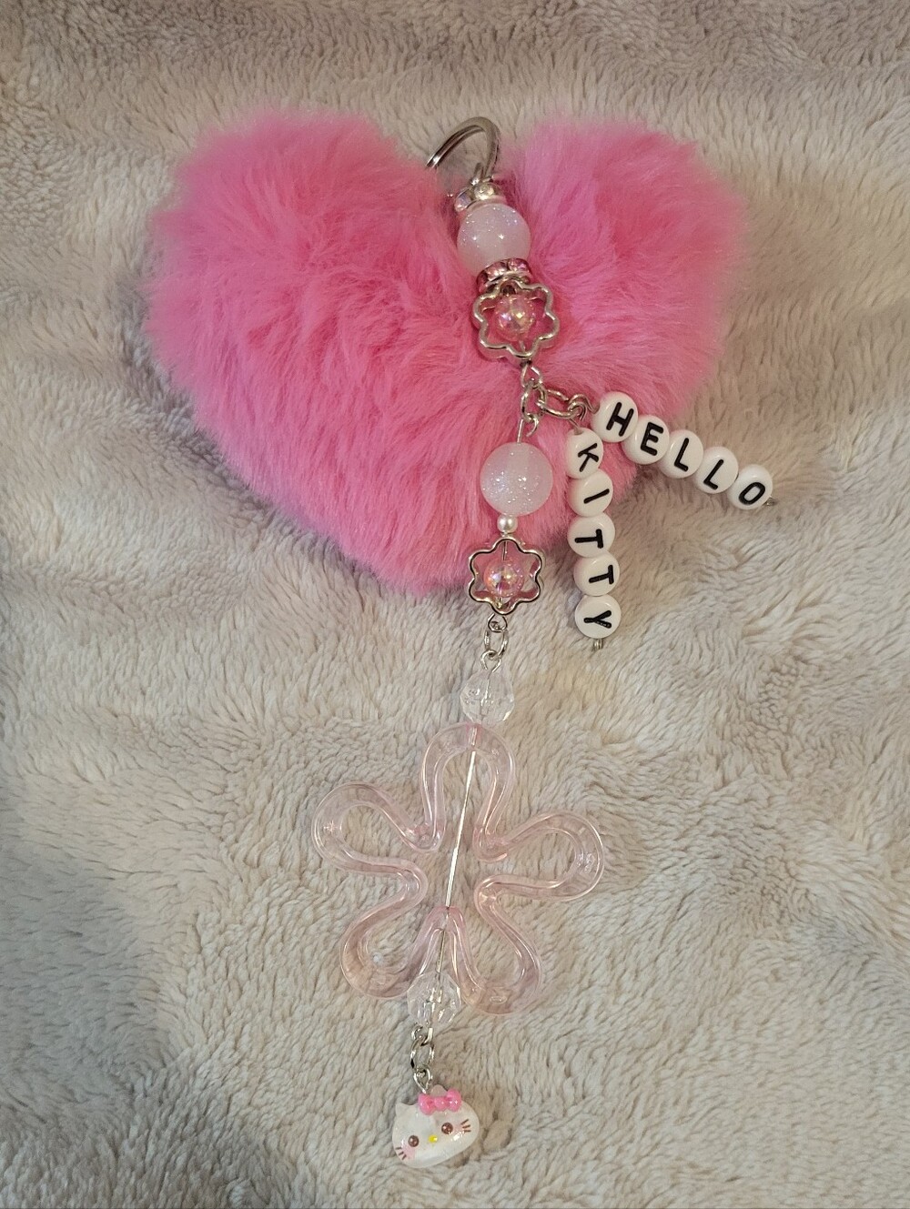 Pink Fuzzy Heart Keychain Charm with Flower and Letter Beads